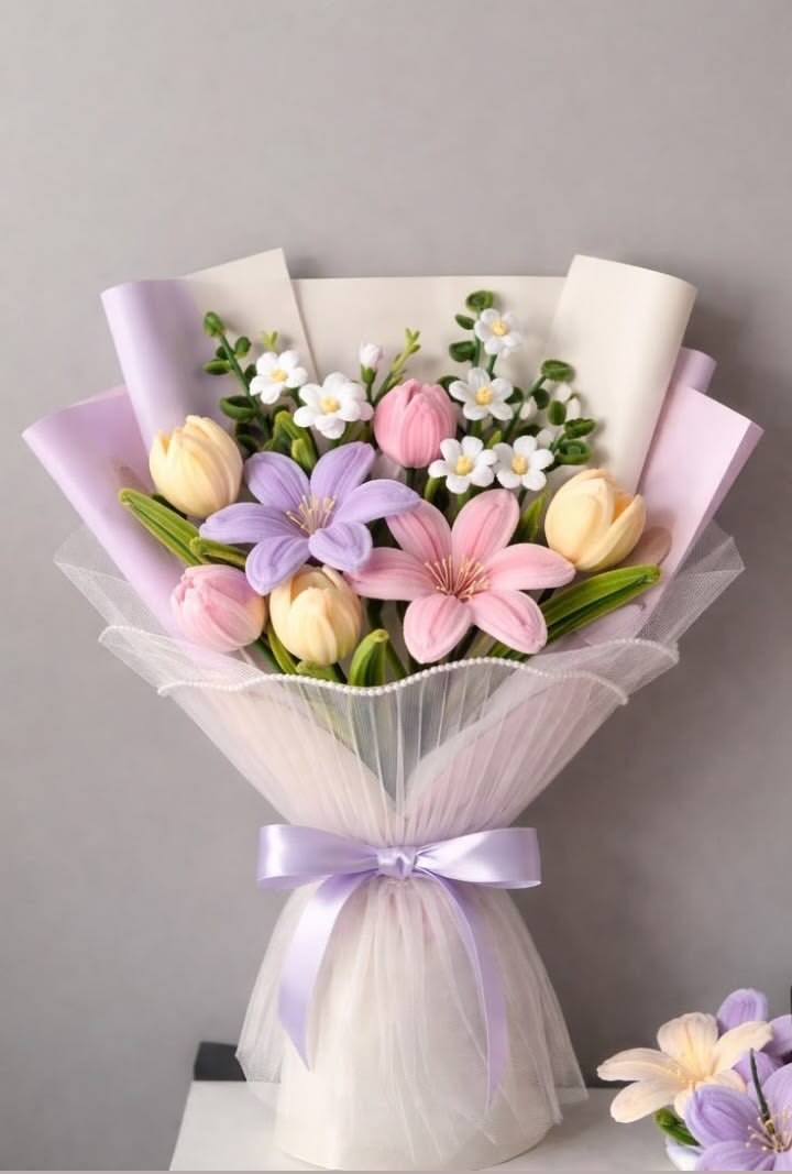 Handmade Pipe Cleaner Mixed Lily & Tulip Bouquet / Deluxe Velvet Chenille Flower Gift Arrangement
