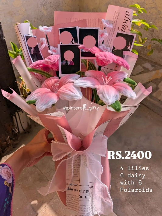 Customized Polaroid Picture Pipe Cleaner Pink Lily Bouquet – Personalized Photo Memories Flower Gift, Handmade Anniversary & Birthday Arrangement