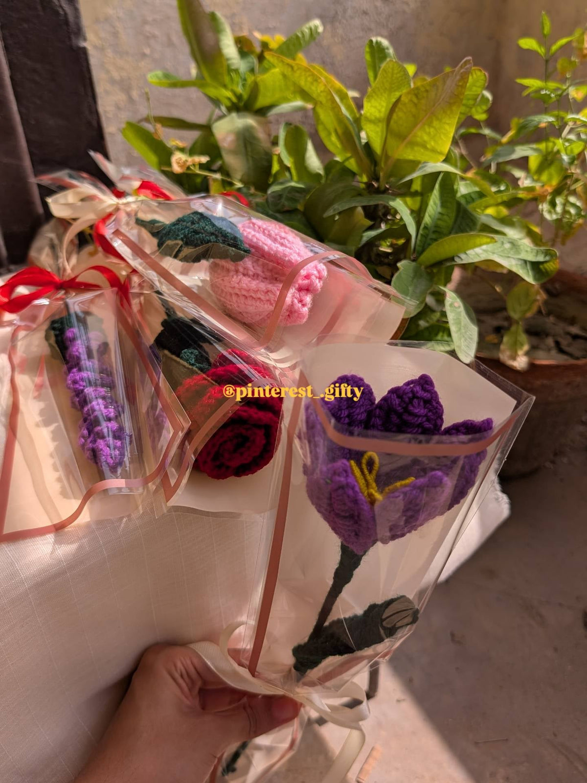 Handmade Crochet Single Stem 5 Flower Collection – Custom Mix & Match Knitted Tulips, Roses & Lavender Gift Stems