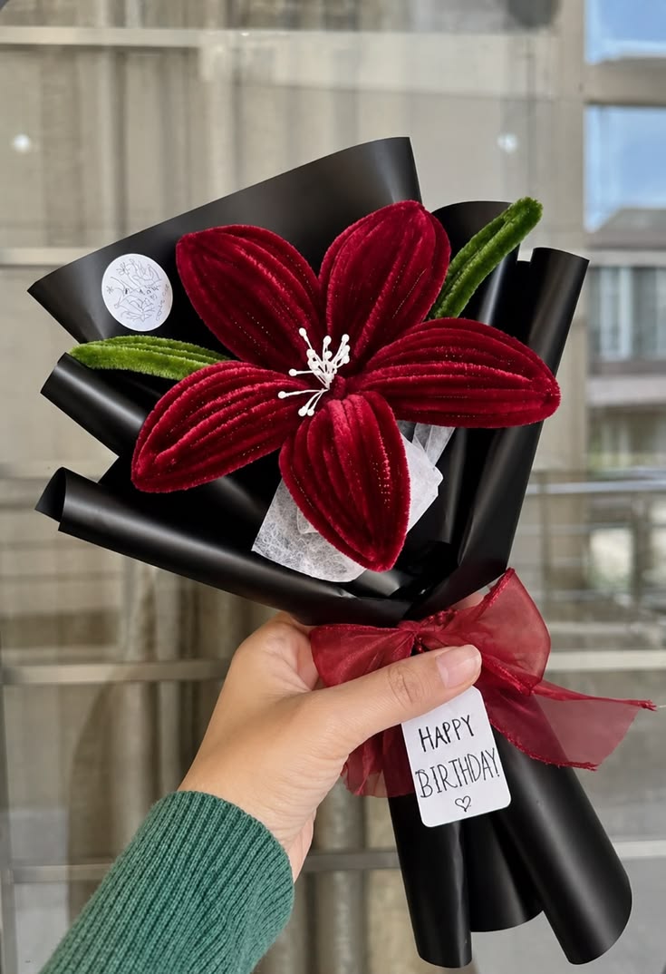 Handmade Pipe Cleaner Pink Lily Bouquet / Personalized Velvet Chenille Single Blossom Gift