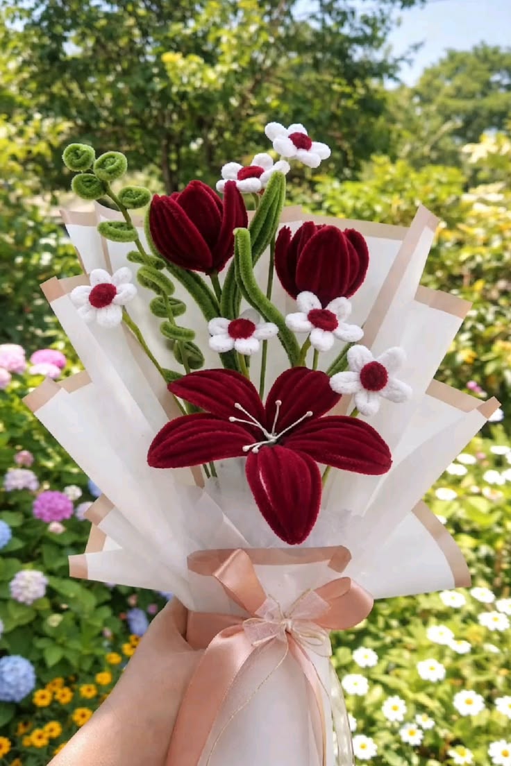 Handmade Pipe Cleaner Maroon Lily & Tulip Bouquet / Personalized Velvet Chenille Floral Gift