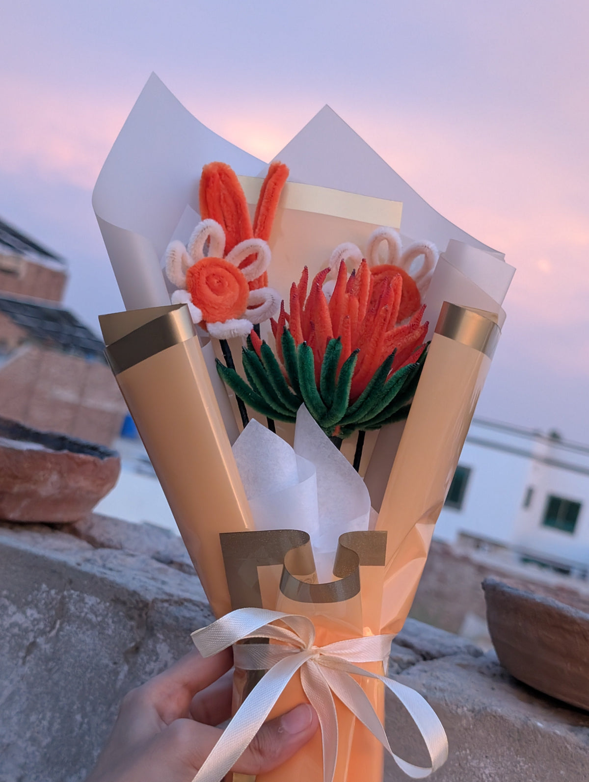 Handmade Pipe Cleaner Orange Sunset Bouquet – Cute Bunny Ears & Protea Flower Gift, Aesthetic Birthday & Graduation Bouquet