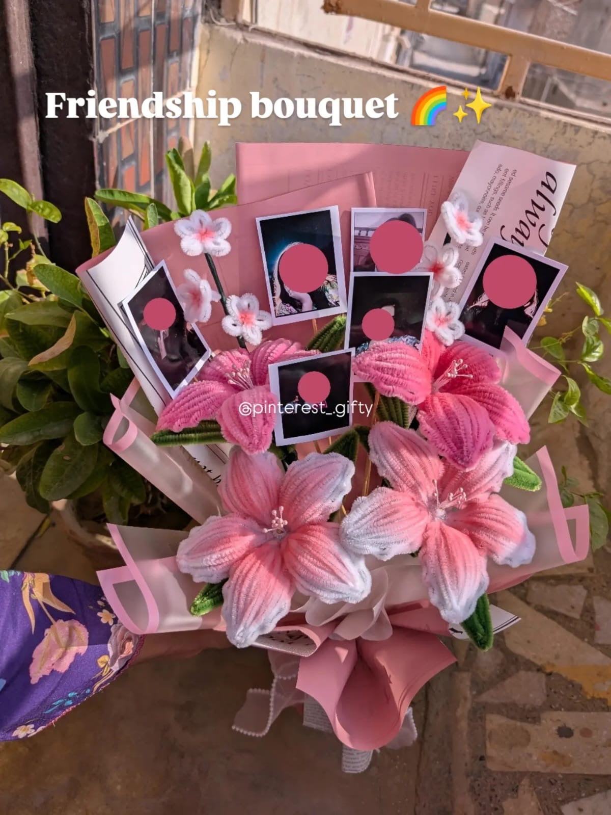 Customized Polaroid Picture Pipe Cleaner Pink Lily Bouquet – Personalized Photo Memories Flower Gift, Handmade Anniversary & Birthday Arrangement