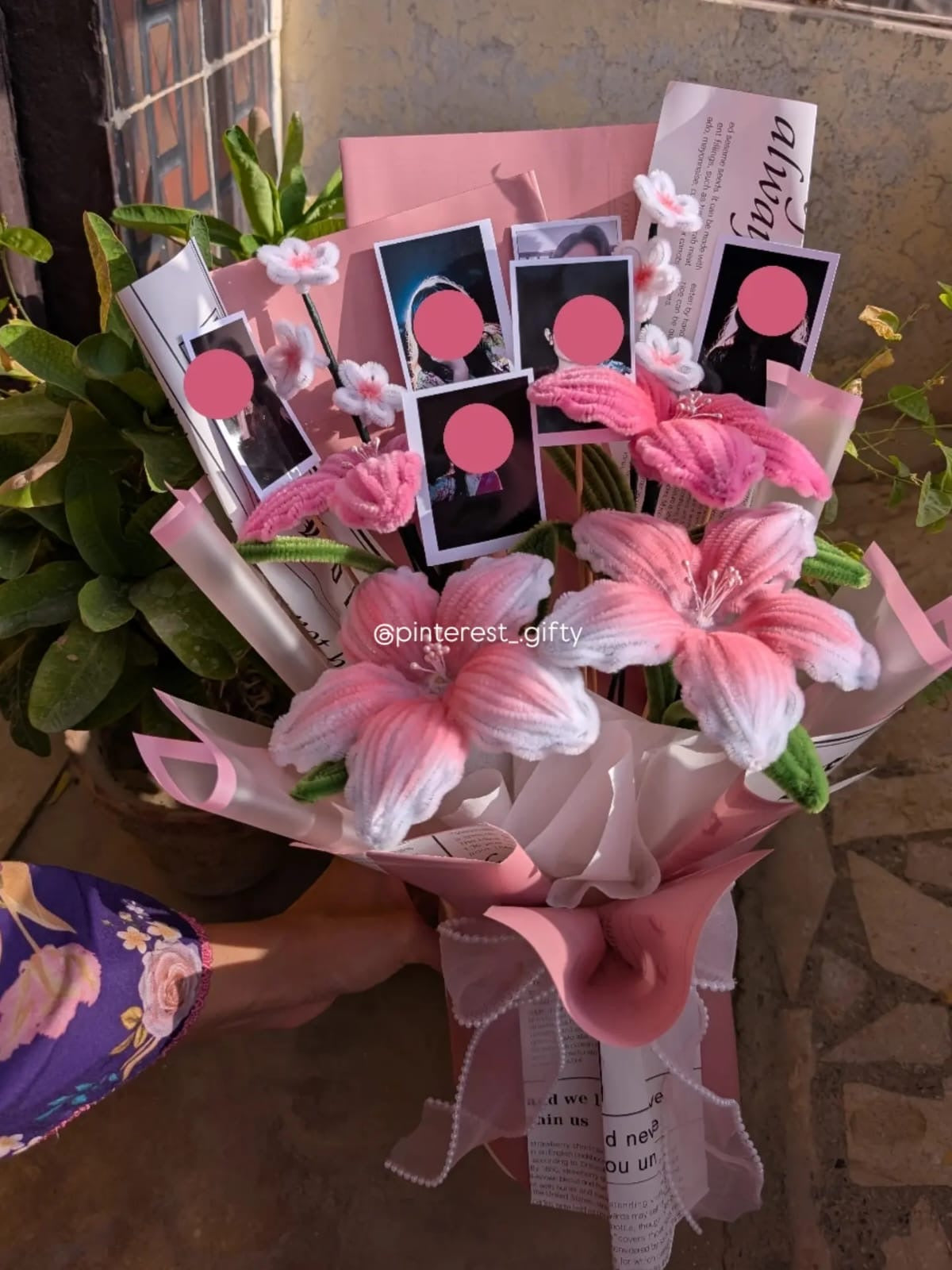 Customized Polaroid Picture Pipe Cleaner Pink Lily Bouquet – Personalized Photo Memories Flower Gift, Handmade Anniversary & Birthday Arrangement
