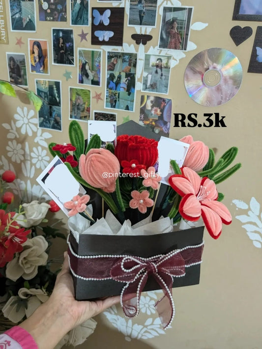 Handmade Pipe Cleaner Luxury Flower Gift Box – Custom Polaroid Photo Arrangement with Roses & Tulips, Romantic Anniversary & Birthday Bloom Box