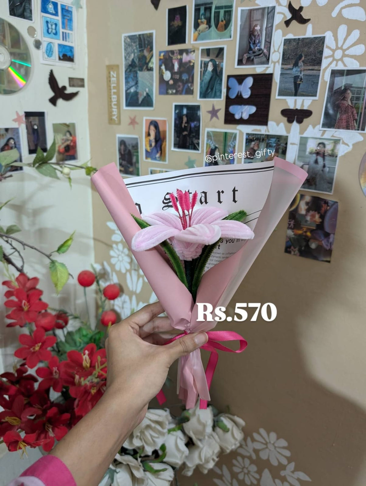 Handmade Pipe Cleaner Hot Pink Lily Bouquet – Soft Single Stem Flower Gift, Aesthetic Pink Room Decor & Cute Birthday Favor