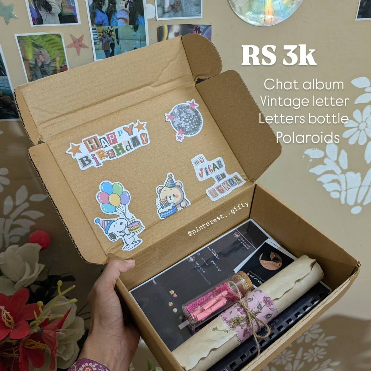 Personalized Vintage Memory Gift Box – Customized Chat Album, Scroll Letter, Message Bottle & Polaroid Gift Box for Birthday & Anniversary