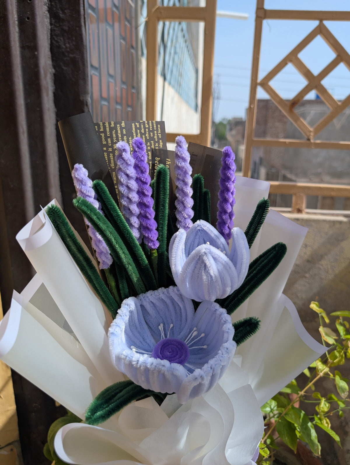Handmade Pipe Cleaner Lavender & Tulip Flower Bouquet – Cute Aesthetic Birthday, Anniversary & Congratulations Gift