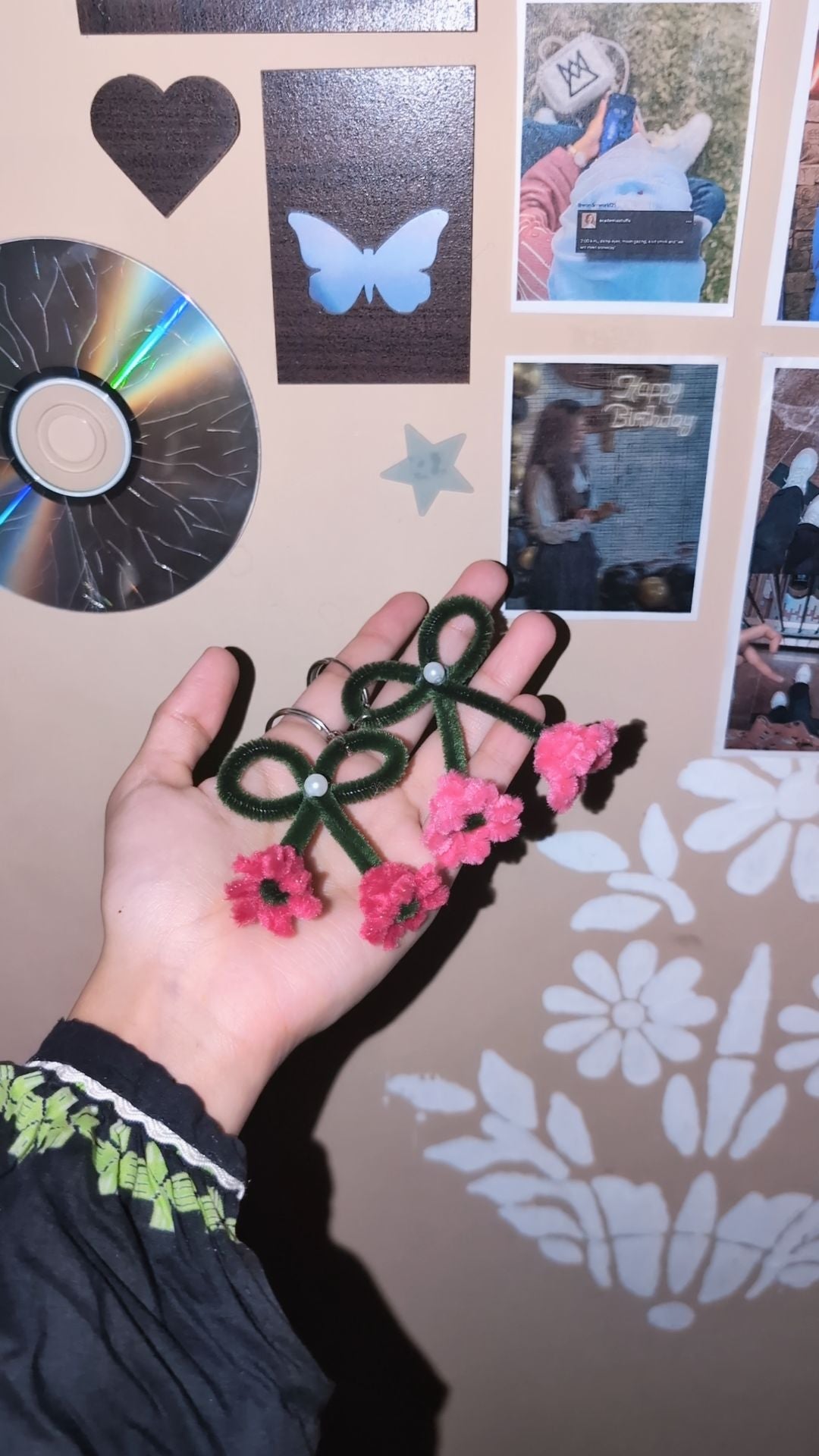 Handmade Pipe Cleaner Pink Flower Bow Keychain Set / Bag Charm